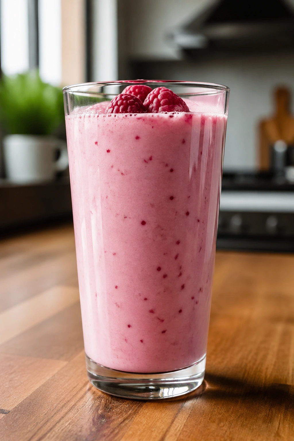 Close-up of raspberry kefir shake in a glass on a kitchen counter