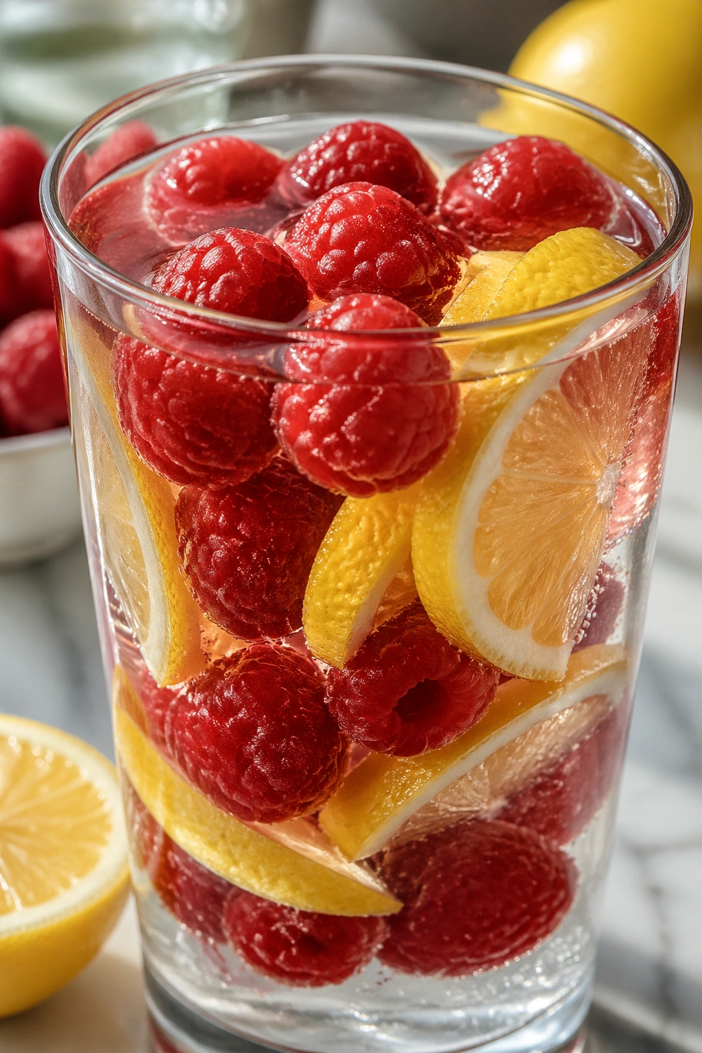 Glass with raspberries and lemon in water on a bright counter.