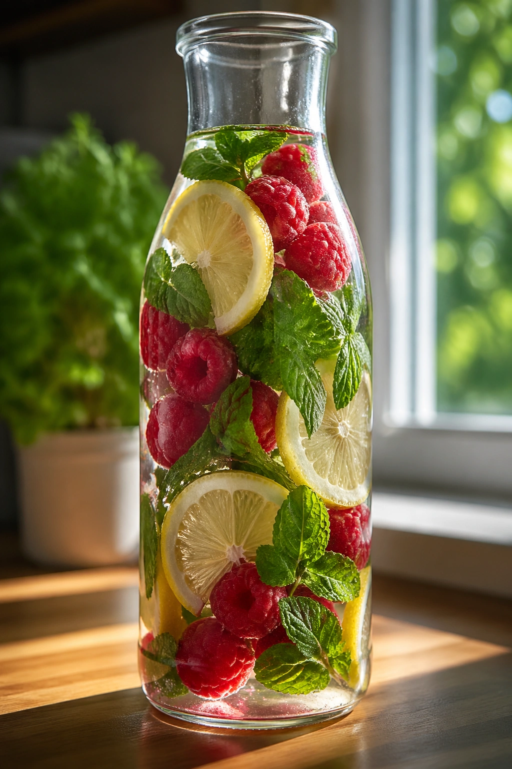 Close-up of raspberry lemon mint water in a glass bottle with raspberries, lemon slices, and mint leaves.