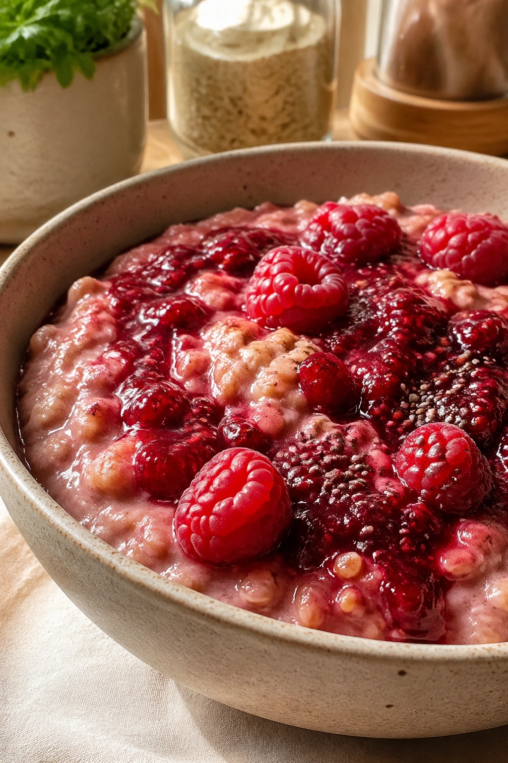 Close-up of a vibrant oats bowl with raspberry chia jam swirled in, in a cozy kitchen setting