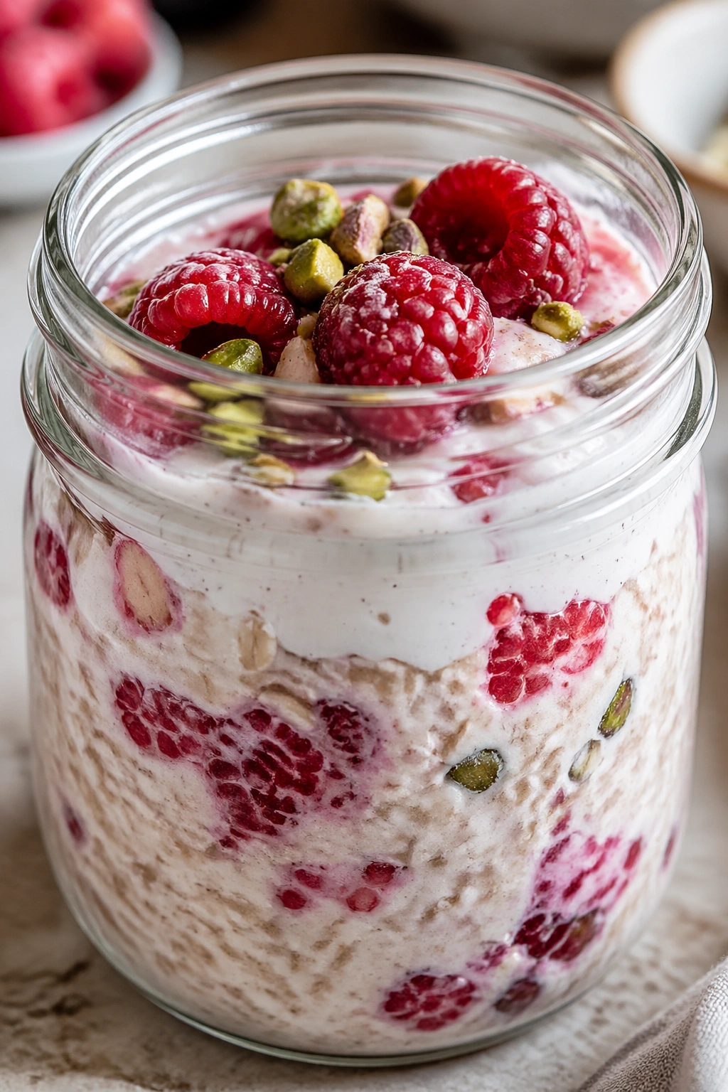 Close-up of raspberry vanilla skyr oats in a jar with raspberries