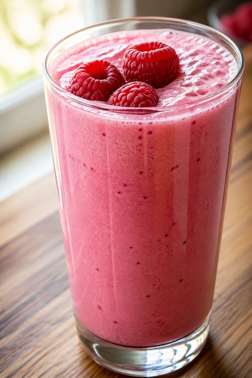 Close-up of a frothy raspberry vanilla bean smoothie in a glass on a wooden kitchen counter.