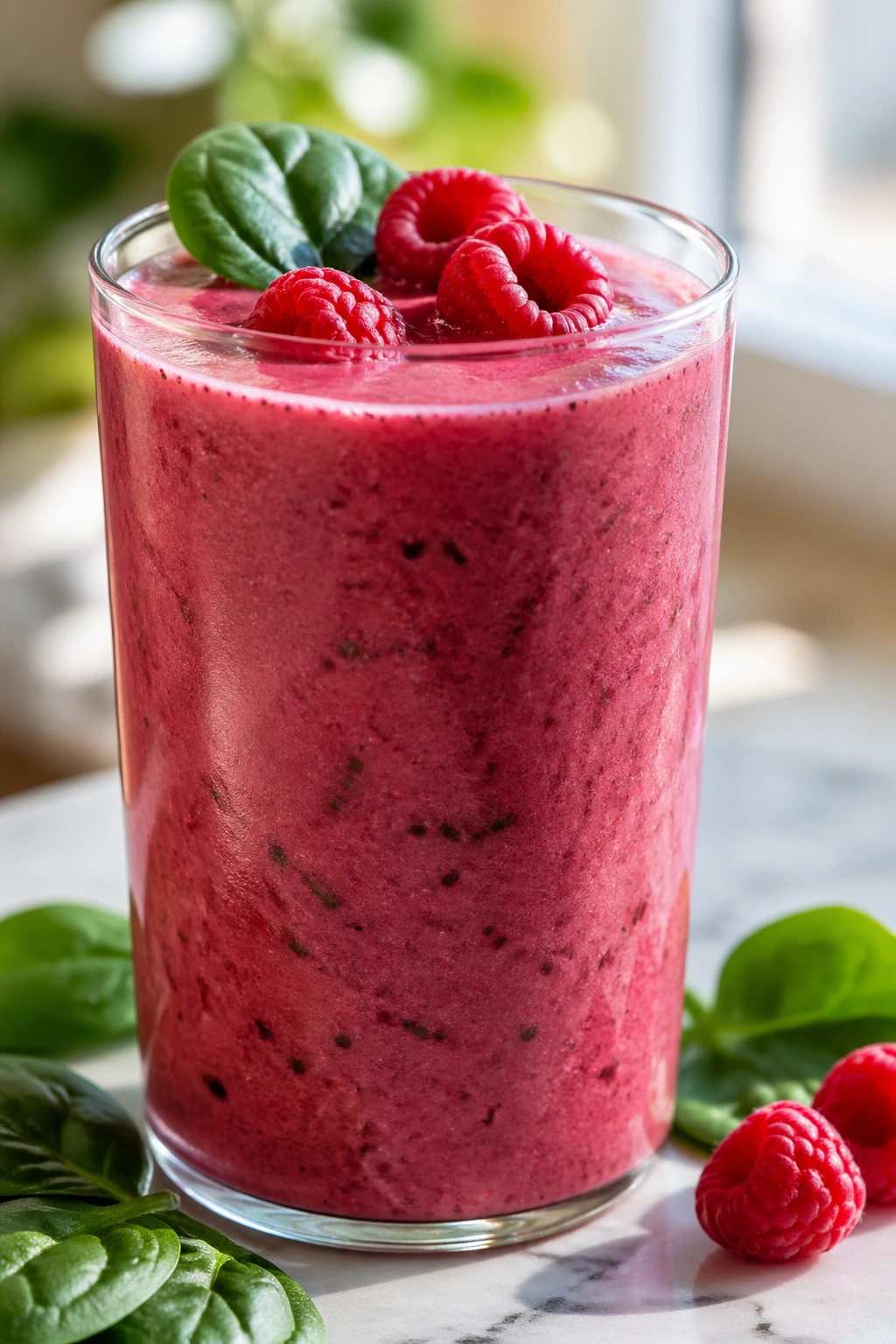 Close-up of Raspberry Spinach Smoothie in a glass on a bright kitchen counter