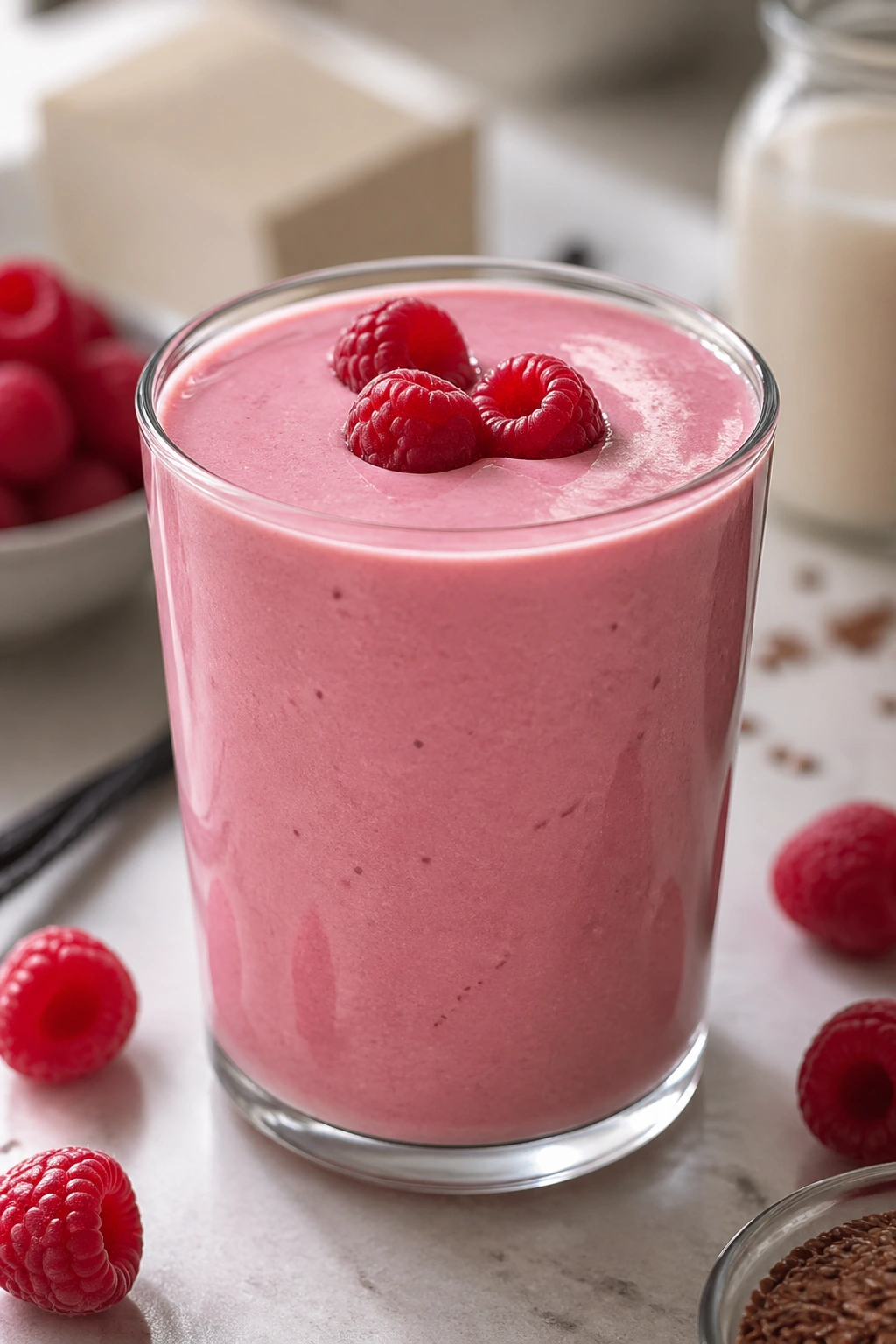 Close-up of Raspberry Tofu Vanilla Smoothie in a glass on a kitchen counter