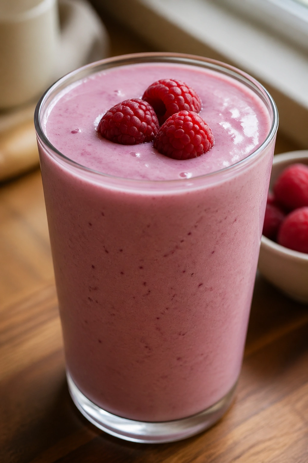 Close-up of a pale pink Raspberry Vanilla Tofu Smoothie in a glass on a wooden counter.