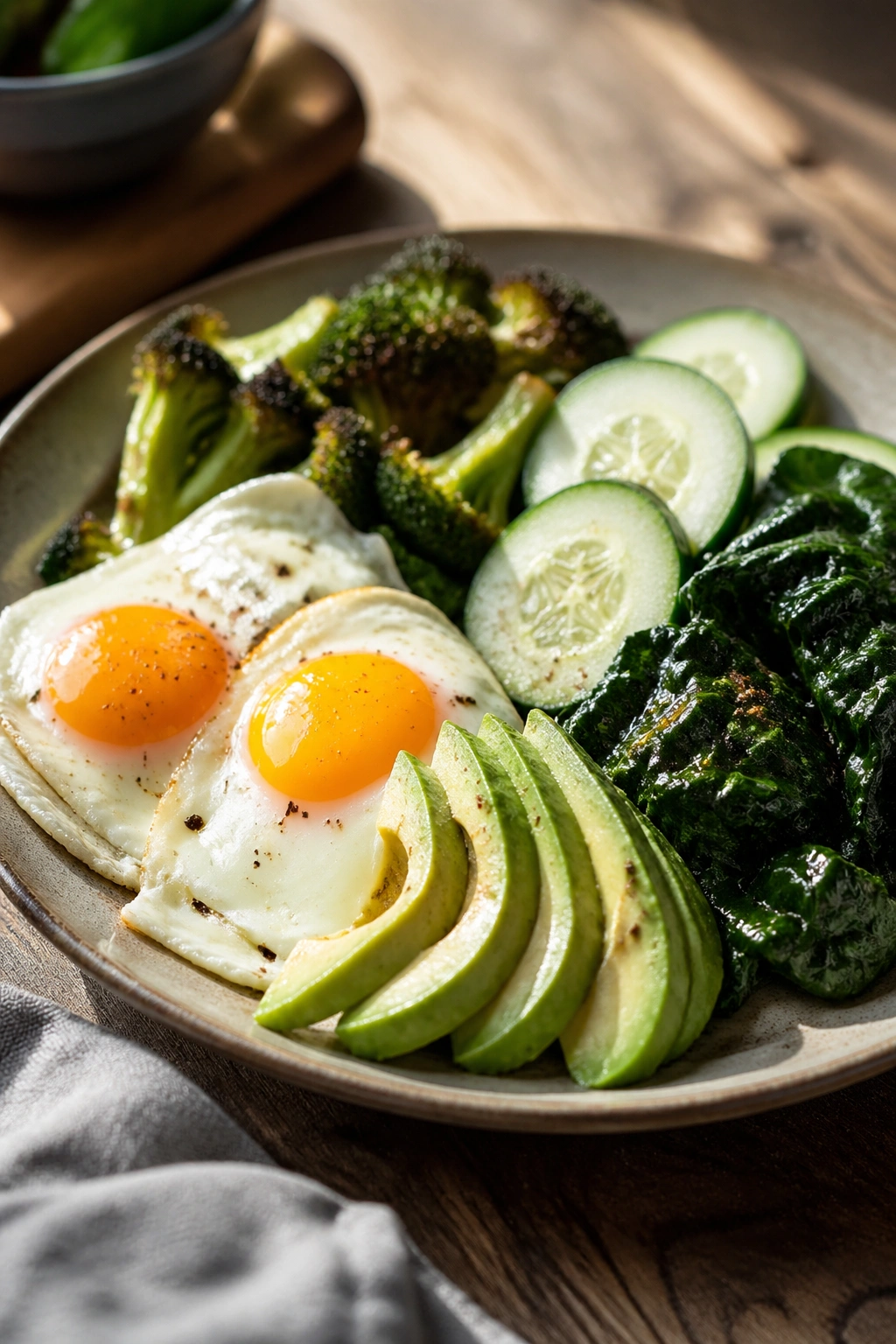 Real-food keto plate with eggs, avocado and vegetables.