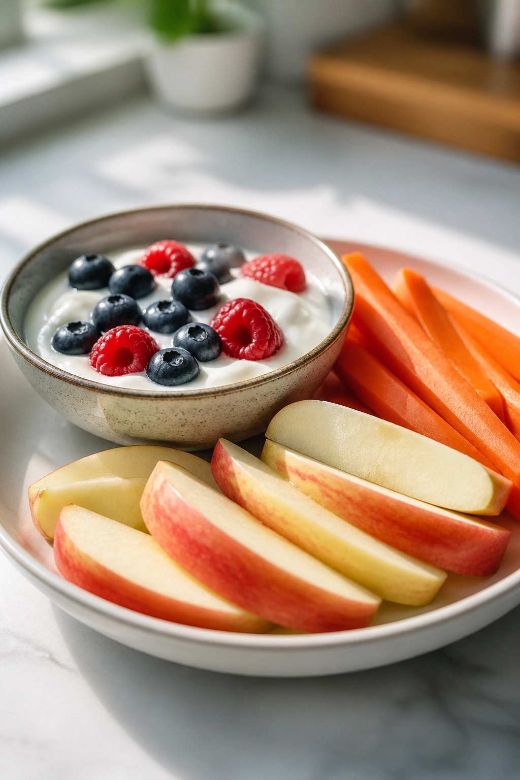 Plate of fresh real foods such as fruit and yogurt on a kitchen counter