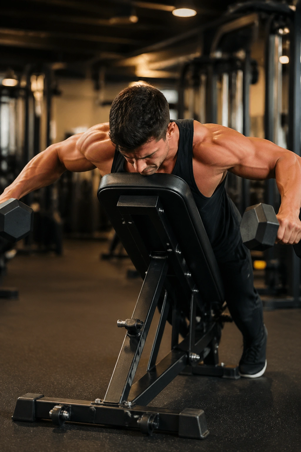 Lifter performing chest-supported rear delt fly on incline bench