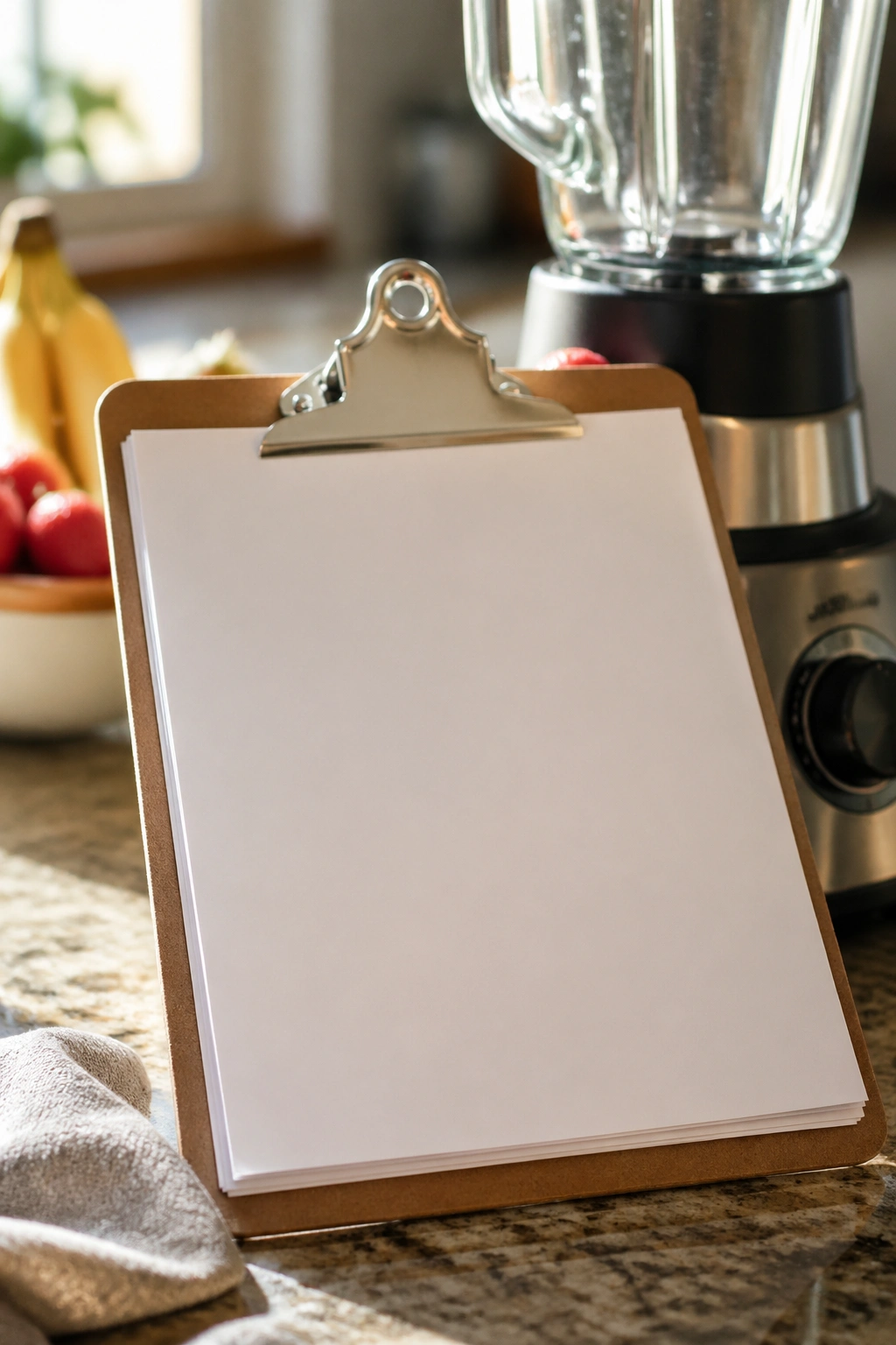 Clipboard with blank recipe notes in a kitchen setting
