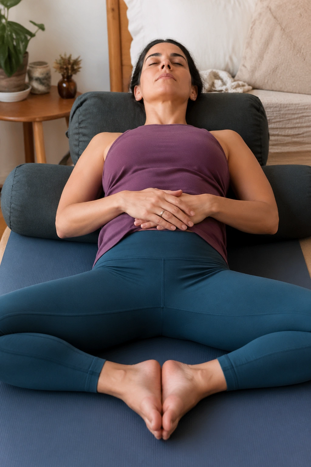 Real person in Reclined Bound Angle with Bolsters in calm bedroom