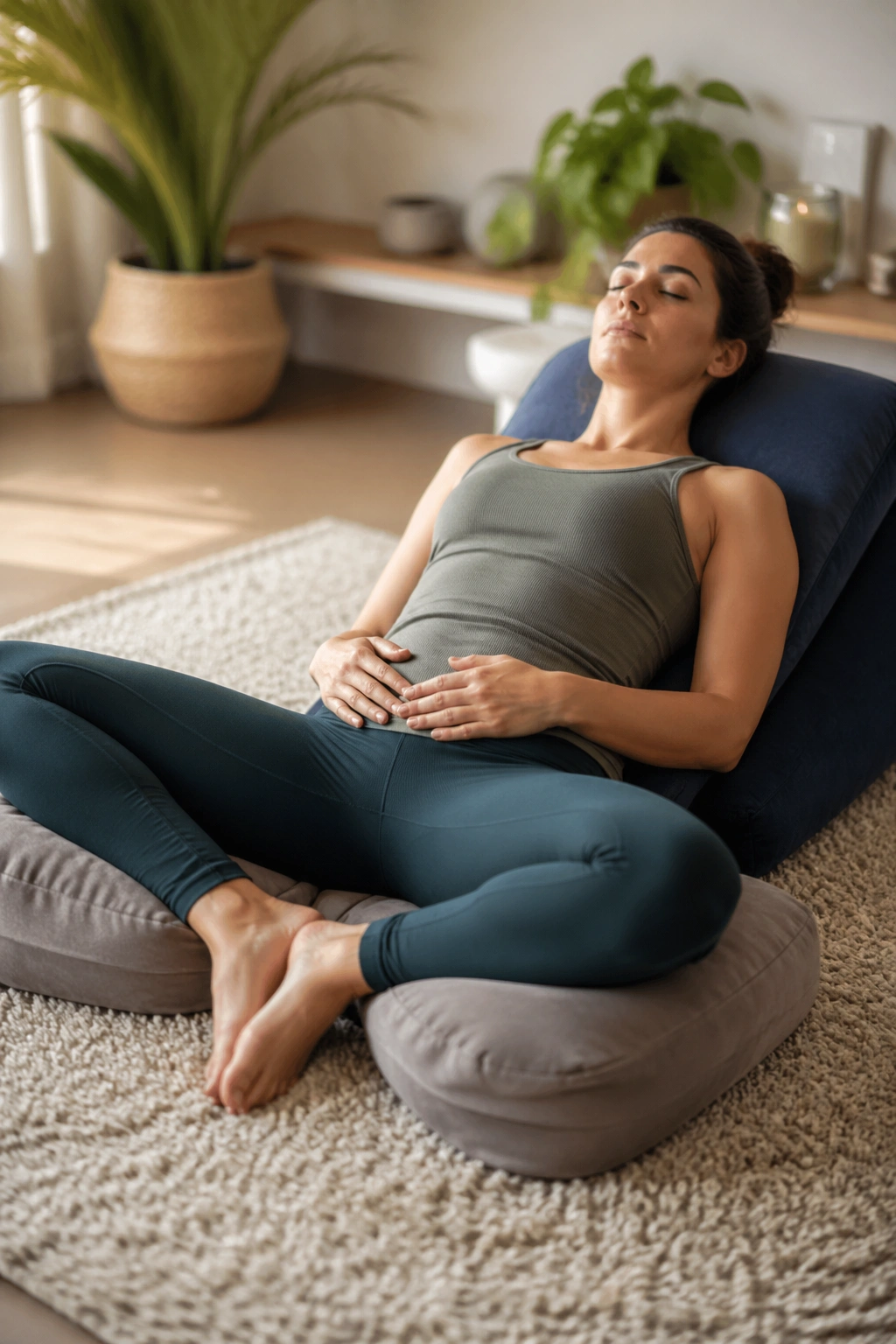Close-up of a person in Reclined Bound Angle pose on a mat with knees open
