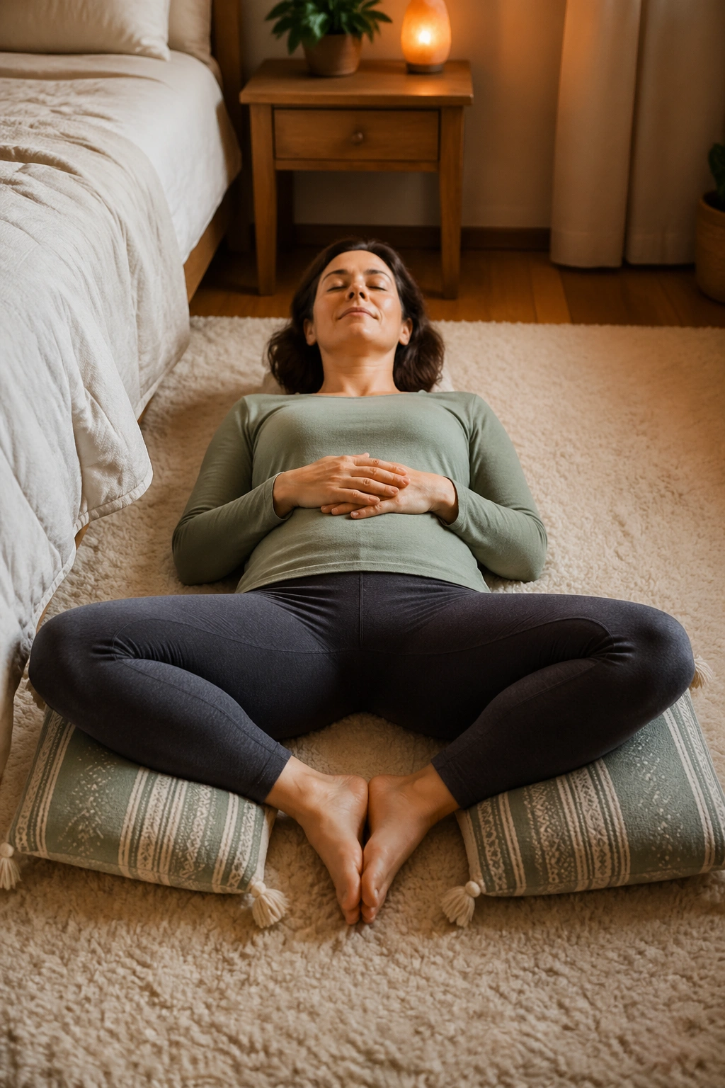 Medium shot of Reclined Bound Angle with feet together and knees open for rib expansion