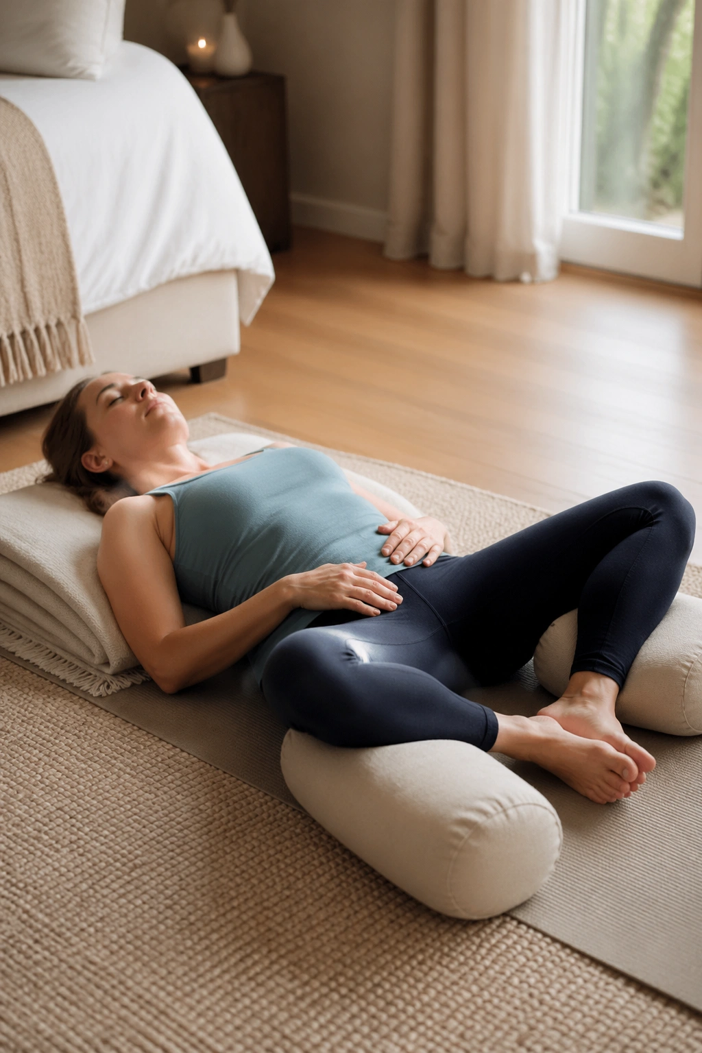 Medium close-up of a person in Reclined Bound Angle Pose lying on a bed or mat indoors