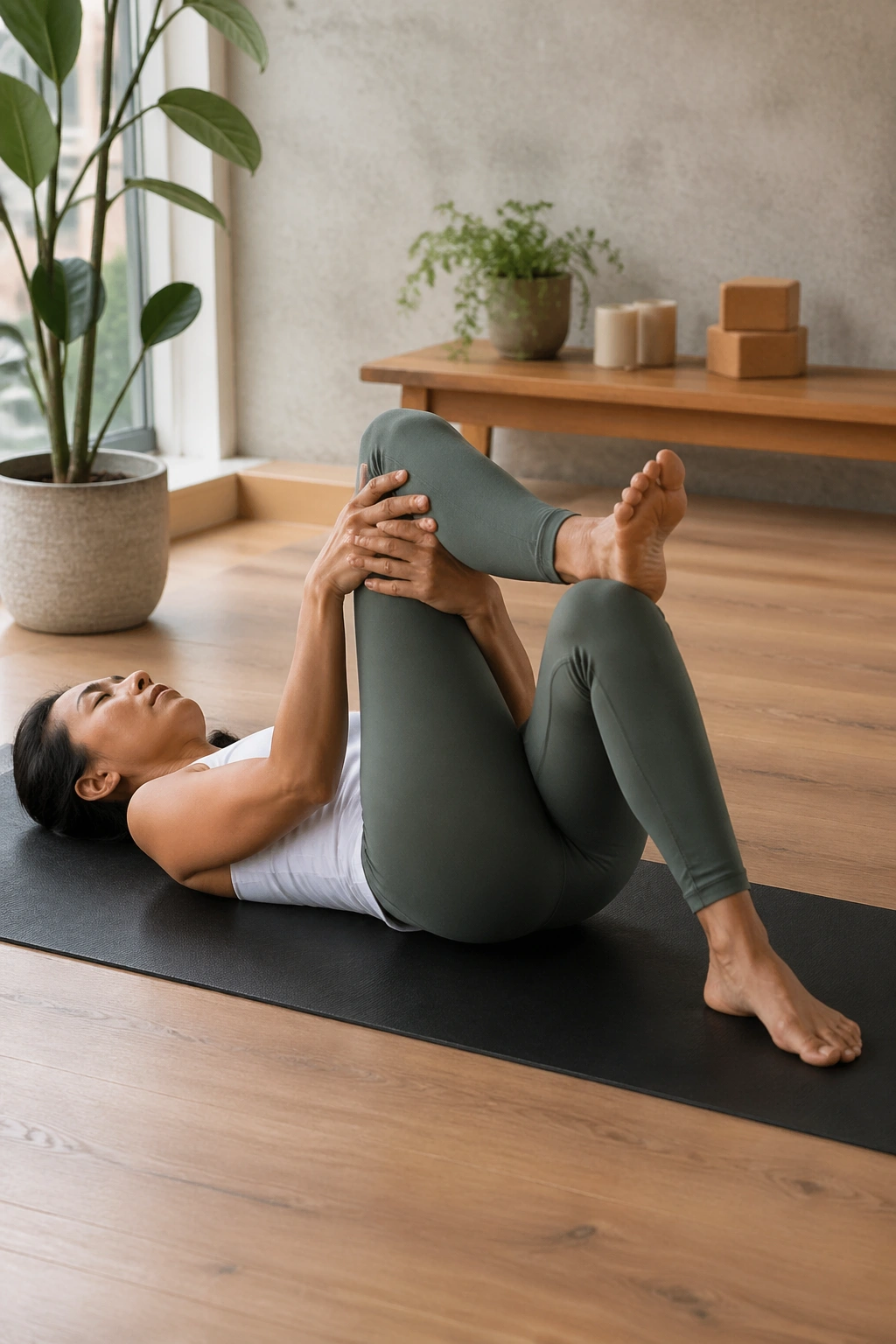 Mid-shot of a real person doing Reclined Figure Four, ankle over thigh on a calm lit mat