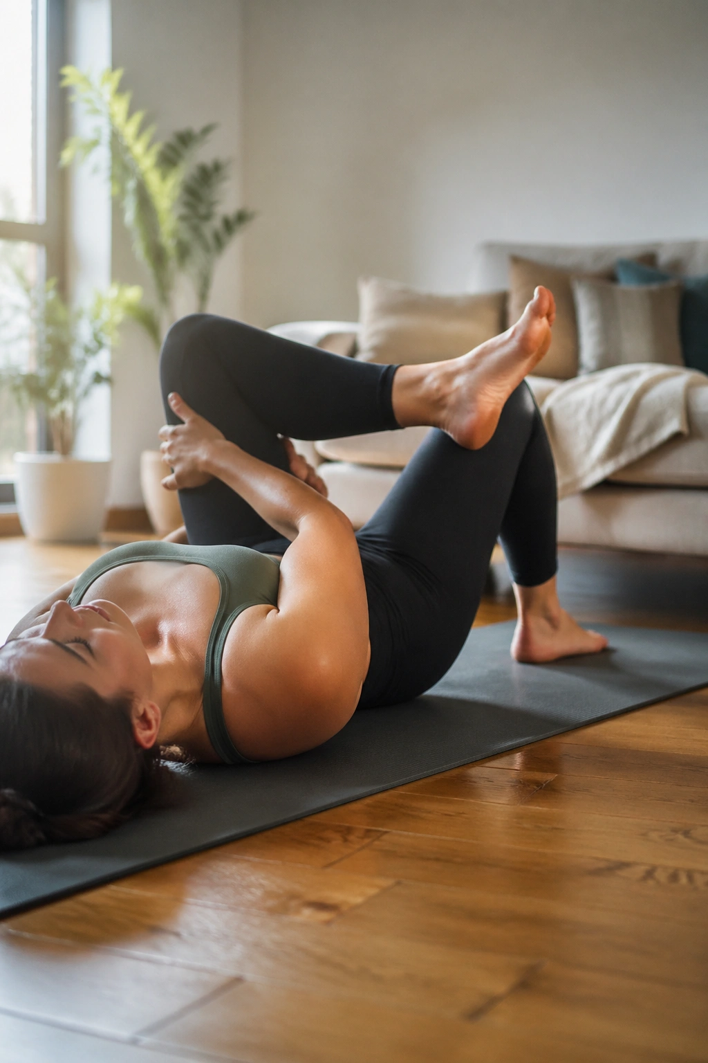Person in Reclined Figure-Four hip stretch on back