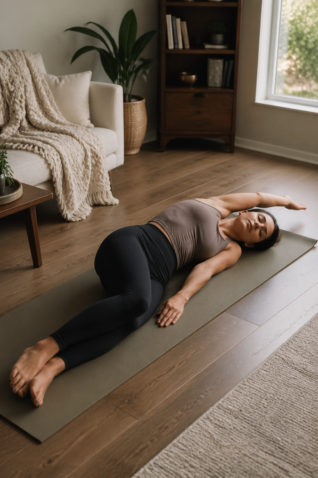 Real person in Reclined Side Bend lying on back with arm overhead