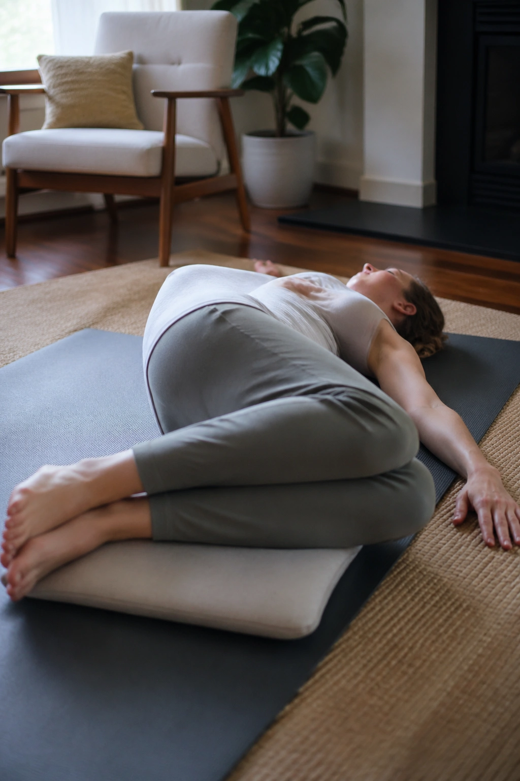 Person in reclined spinal twist on a yoga mat in a home setting