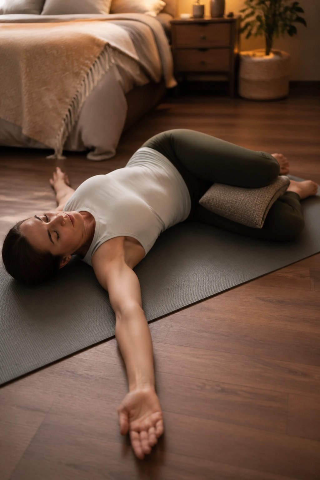 Person in reclined twist on a yoga mat in a cozy bedroom