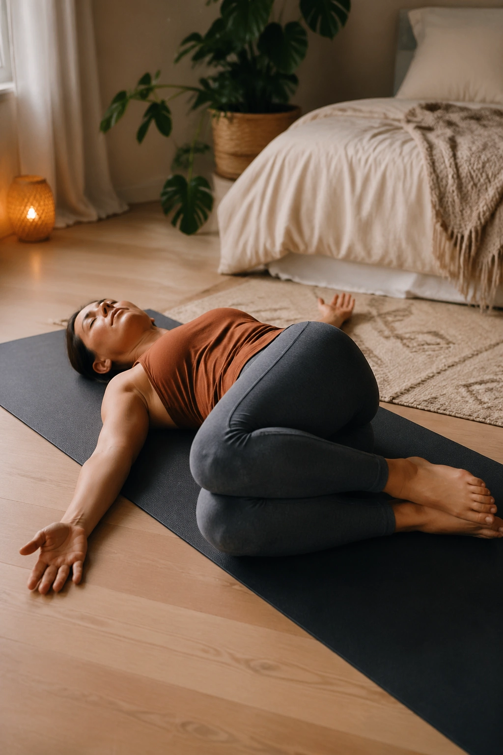 Person in reclined twist on mat with knees resting on one side and arms outstretched.
