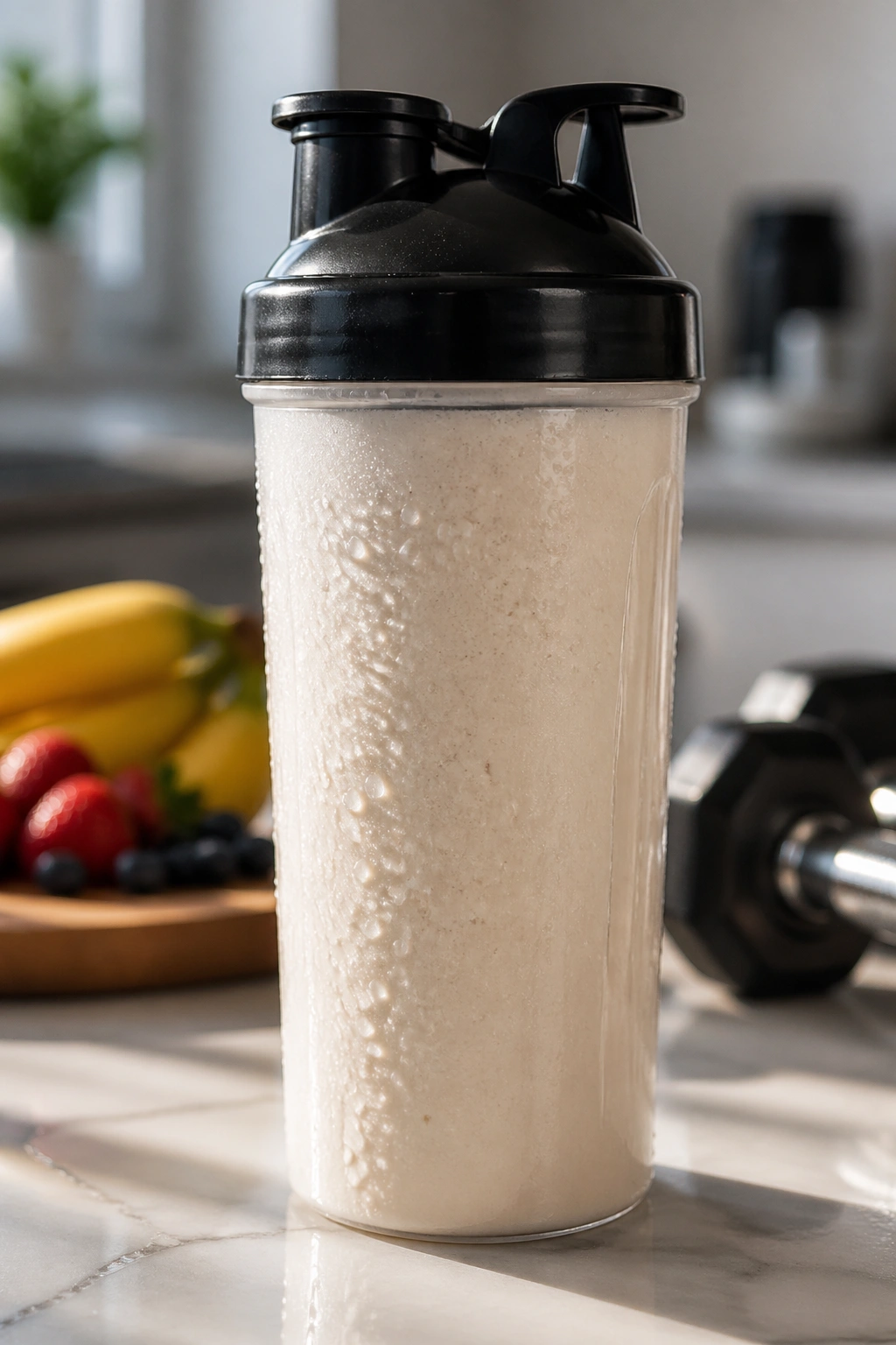 Shaker bottle with pale recovery drink on a kitchen counter