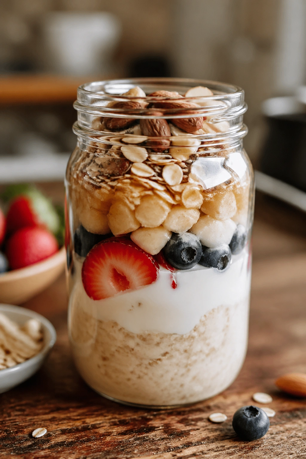 Close-up of a recovery jar with oats, yogurt and fruit layers on a wooden counter