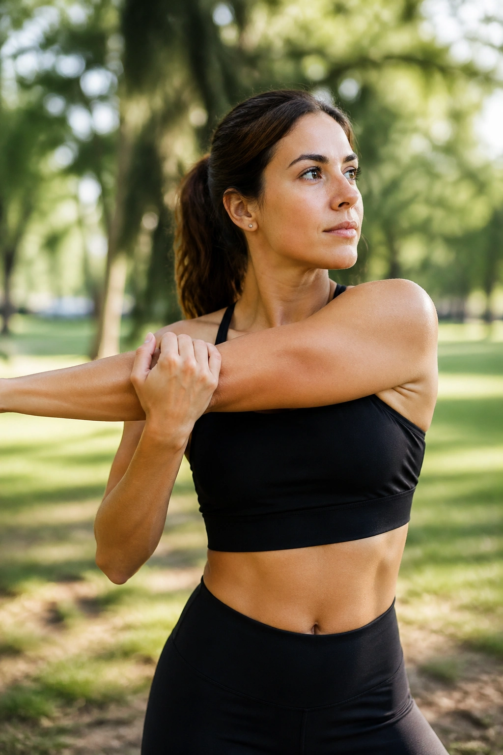 Close-up portrait of a person doing mobility exercise in a sunny park