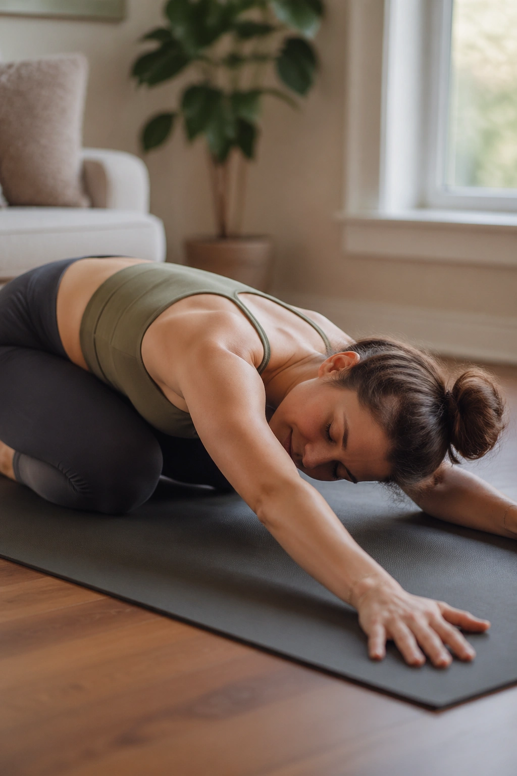 Person performing gentle mobility on a yoga mat in a calm home setting.