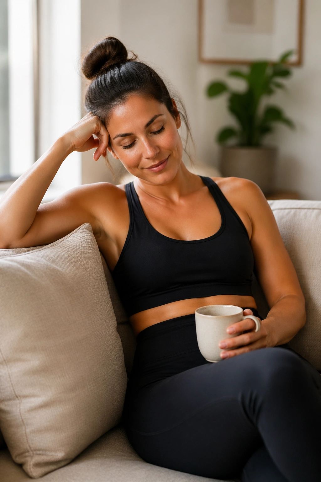 Portrait of a woman resting after a workout on a couch in a cozy living room
