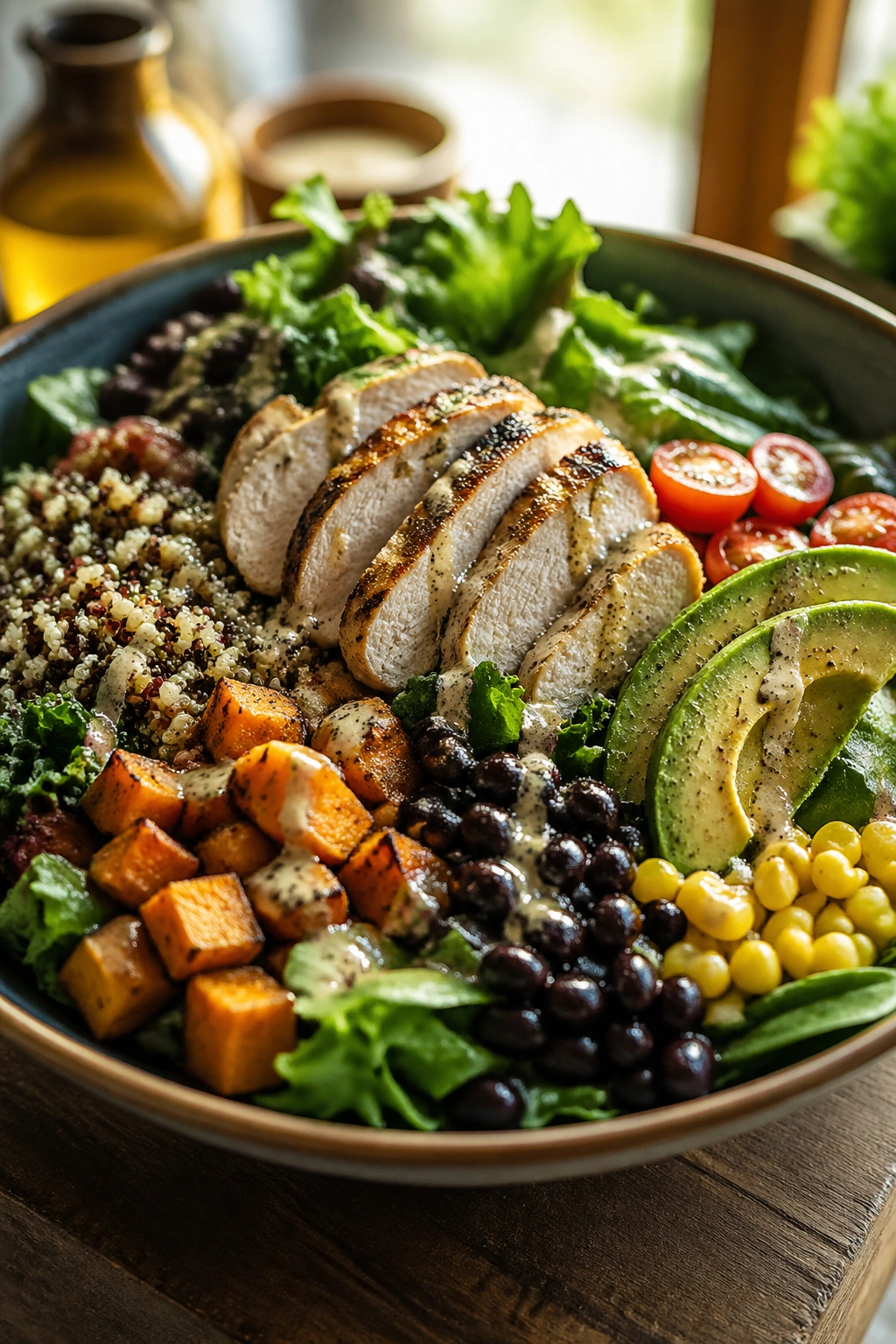 Close-up of recovery salad bowl with protein carbs greens on a kitchen counter