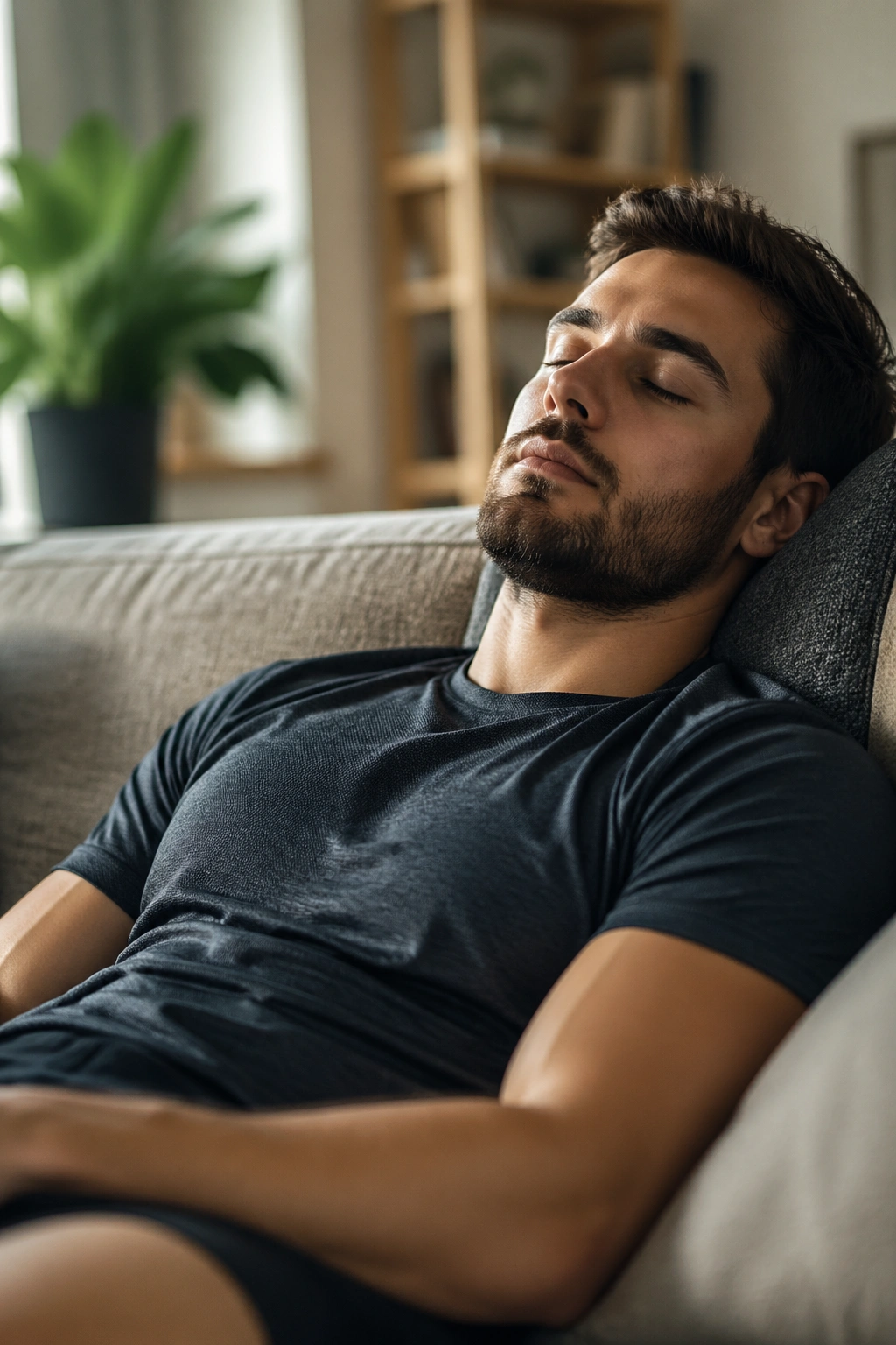 Person resting on a couch after training, eyes closed in a calm recovery scene