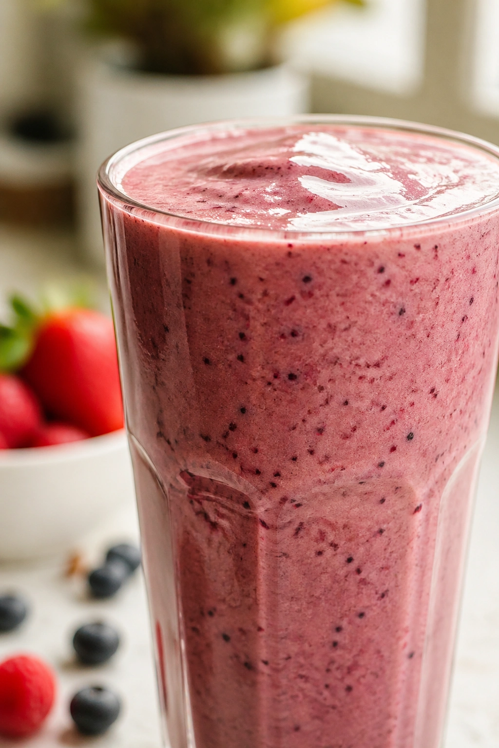 Close-up of a post-workout recovery smoothie in a tall glass