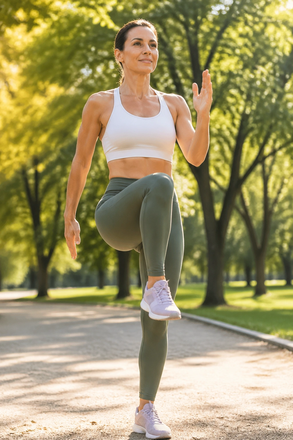 Real person walking in a park, demonstrating mobility flow for belly fat loss