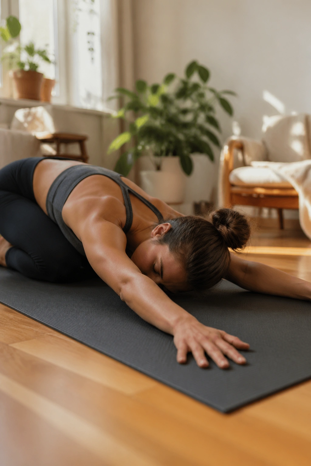 Close-up of a person practicing gentle yoga in a sunlit living room
