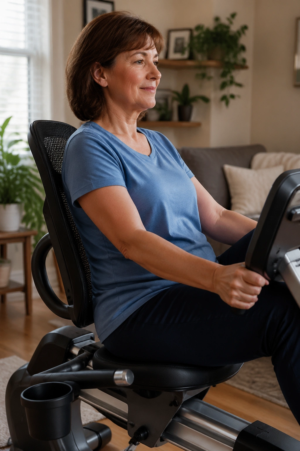 Person on a recumbent bike in a cozy living room practicing gentle movement