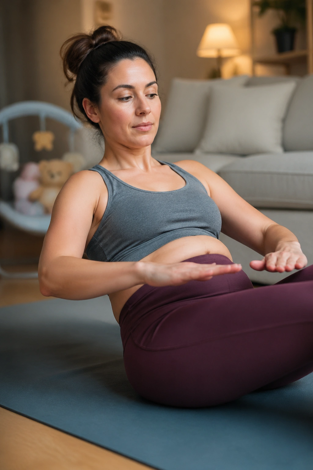Postpartum woman showing red flags during a core exercise