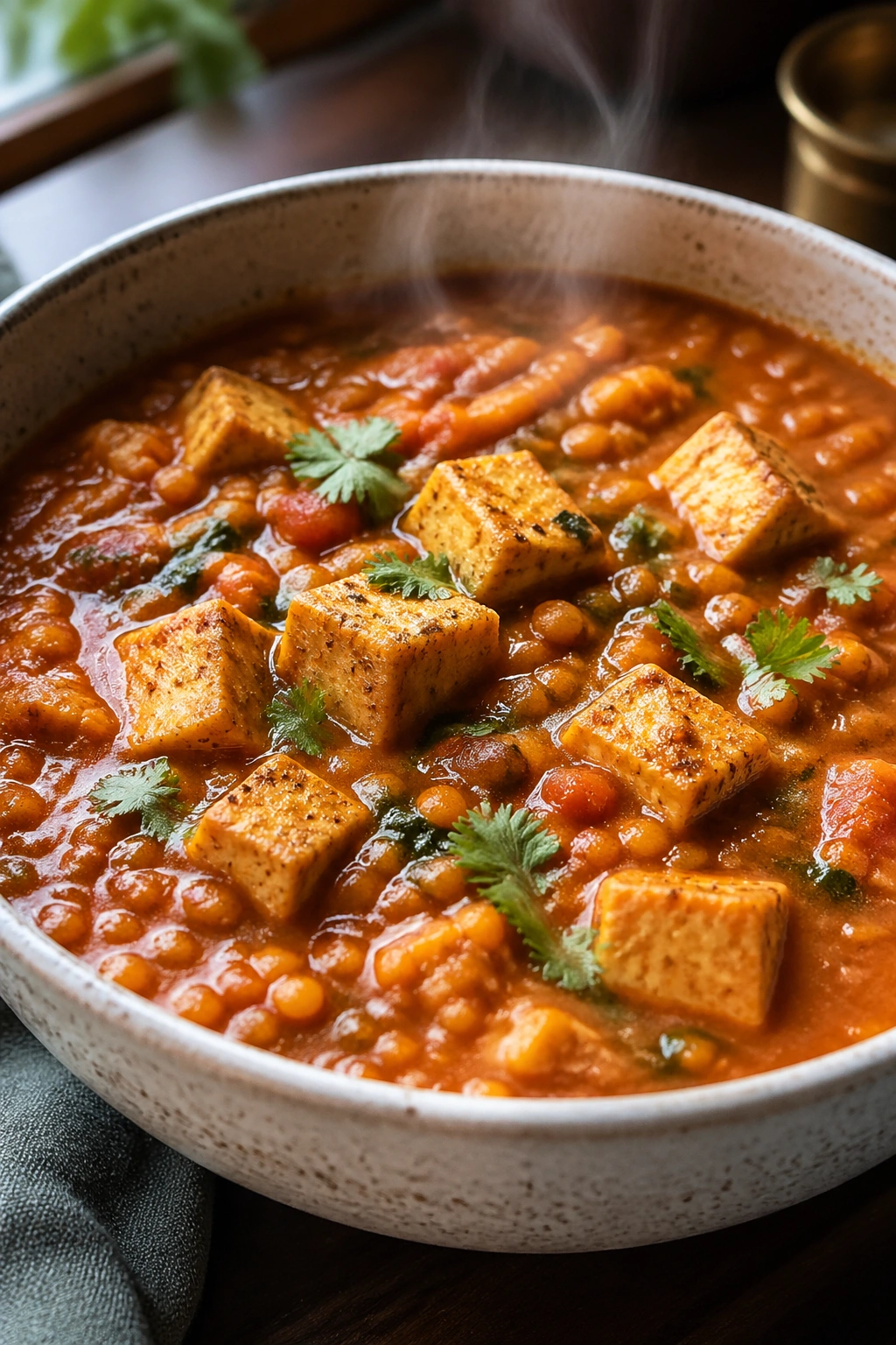 Red lentil curry with paneer or tofu in a bowl