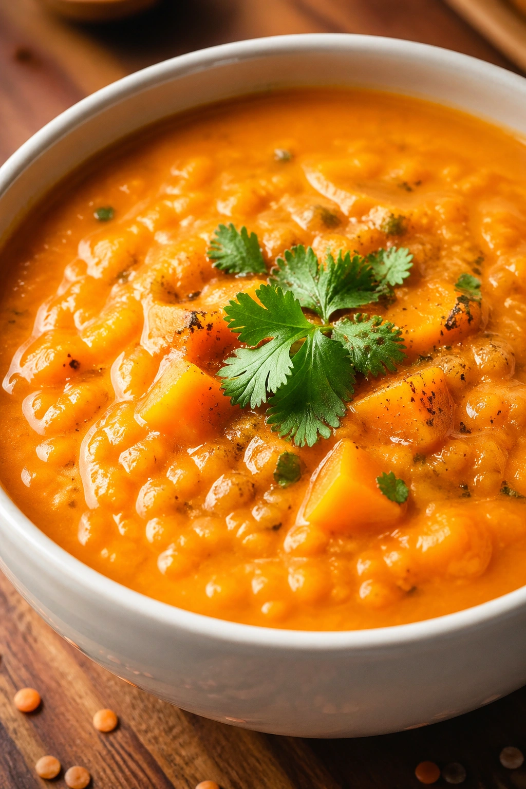 Bright orange red lentil and sweet potato soup in a white bowl