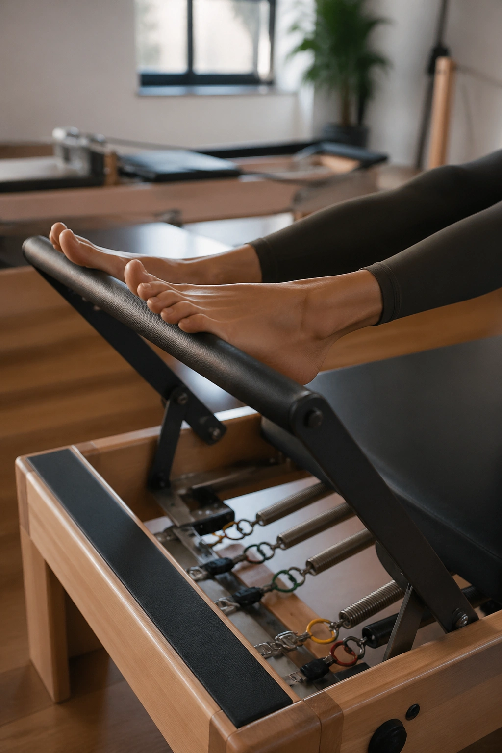 Close-up of feet on the reformer footbar performing three foot positions