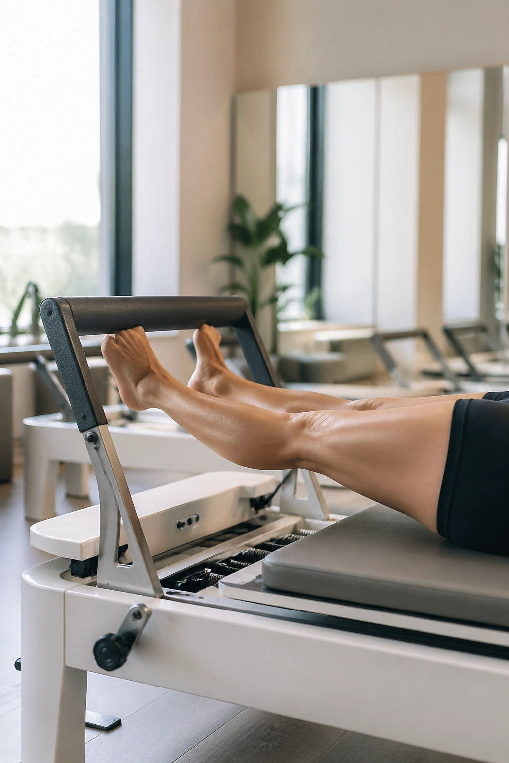 Person on reformer performing footwork ladder