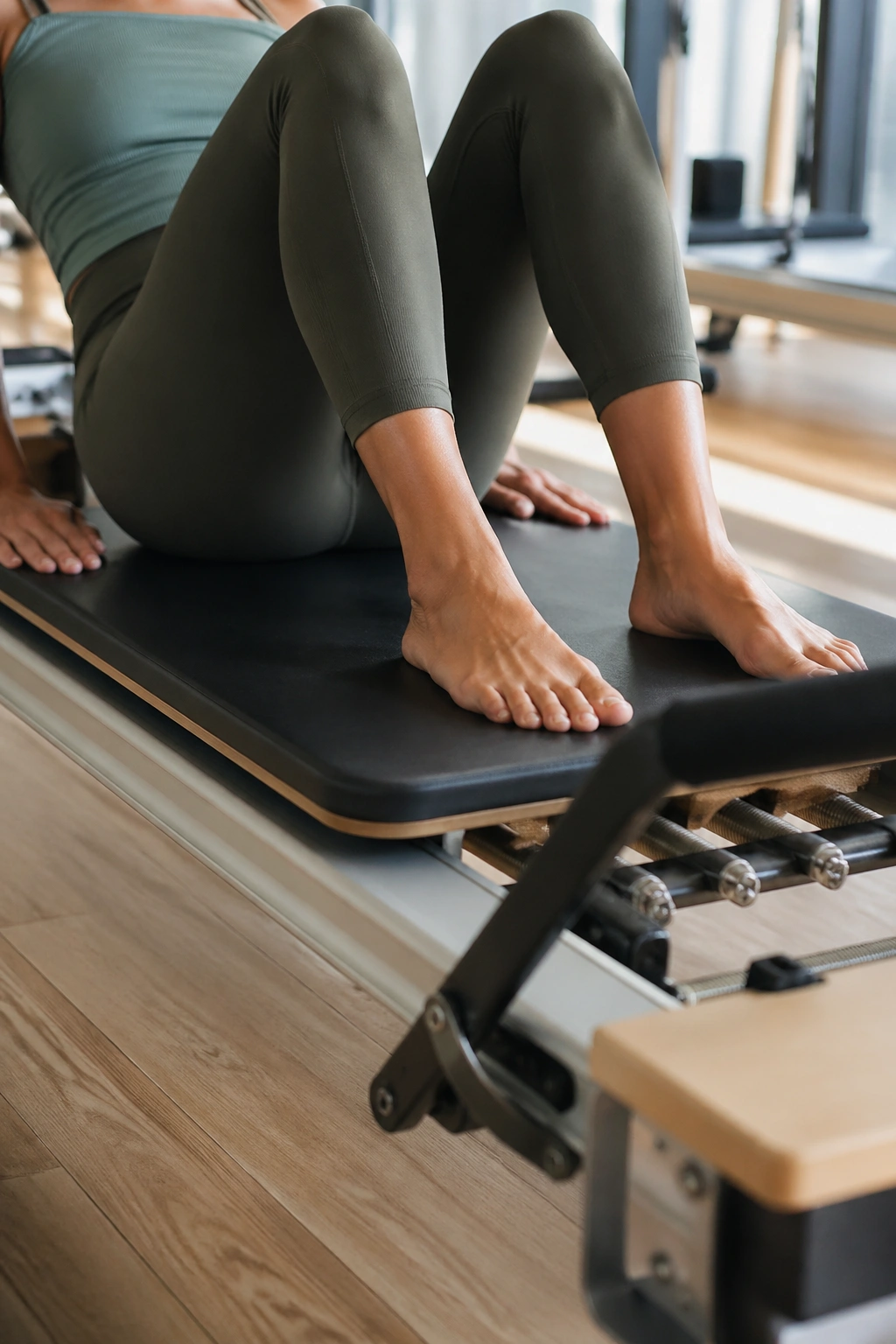 Feet pressing against a Pilates reformer carriage during a footwork session; legs in parallel heels visible