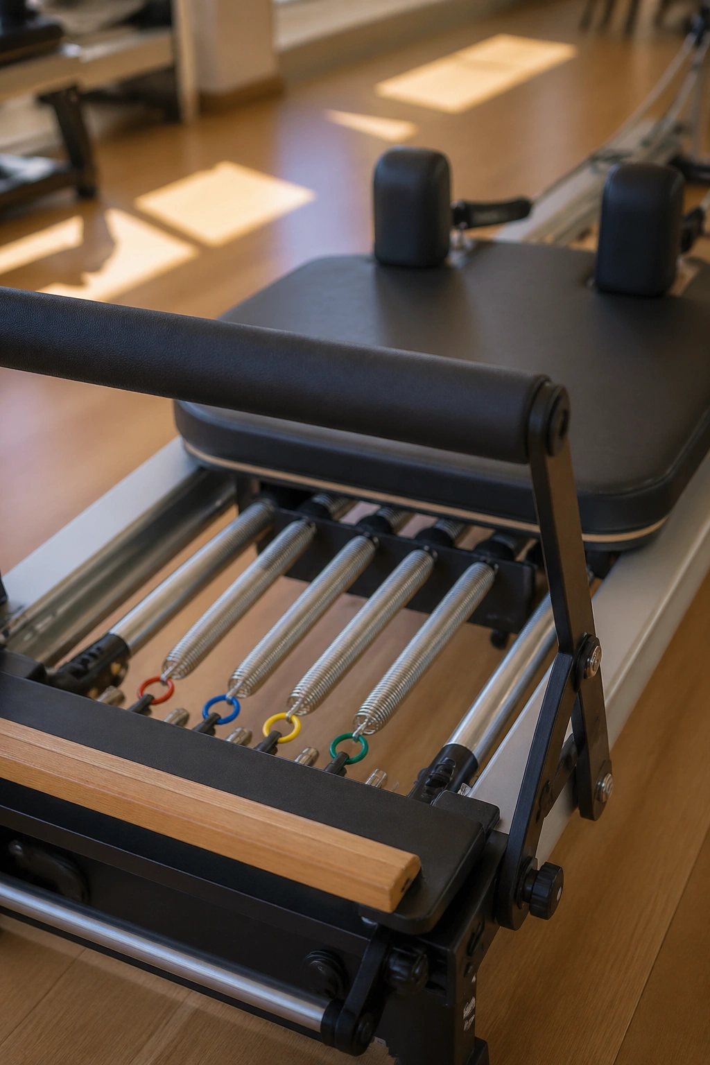 Close-up of reformer carriage with springs engaged