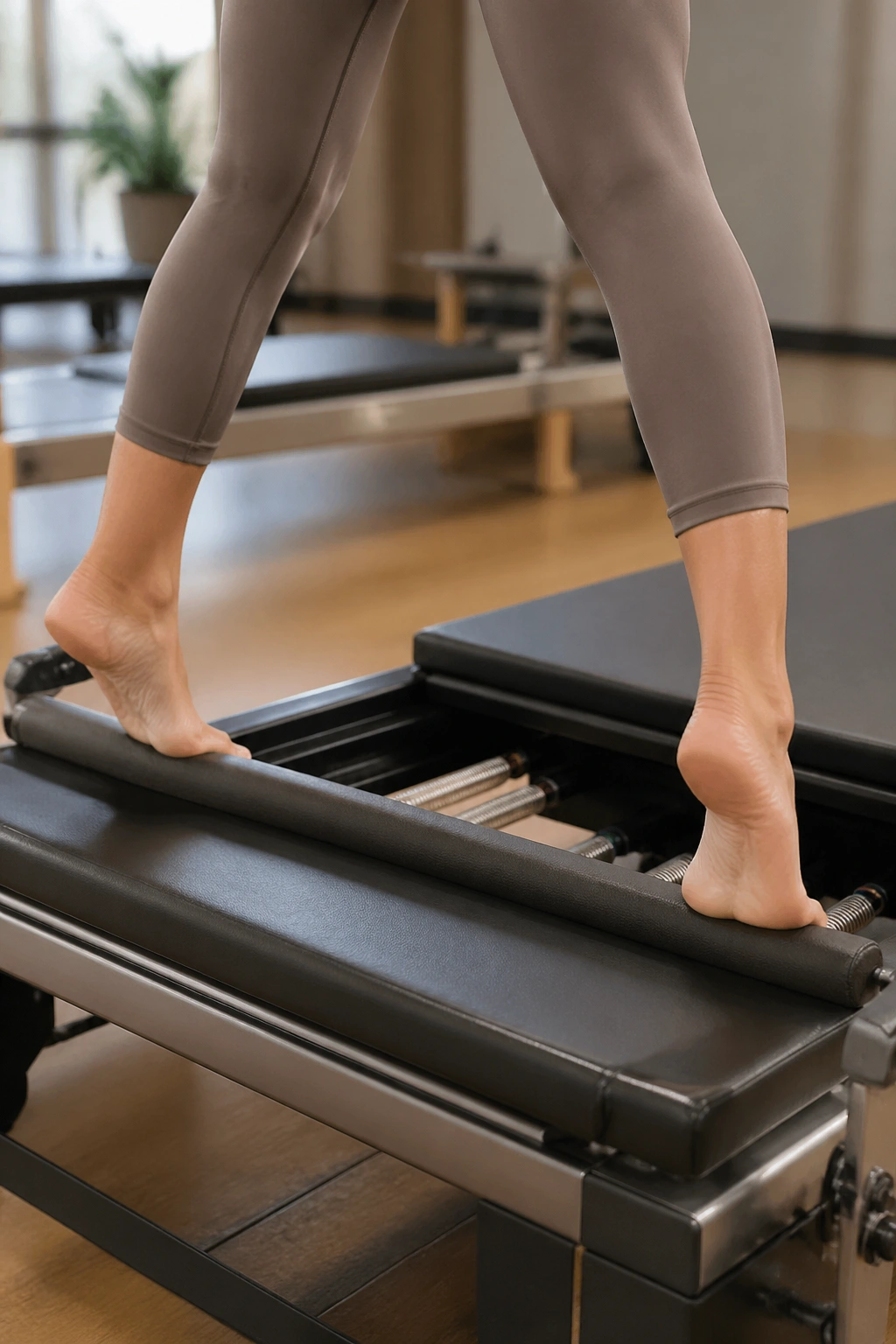 Feet in wide-heel tendon stretch on reformer showing ankle motion and soft knees