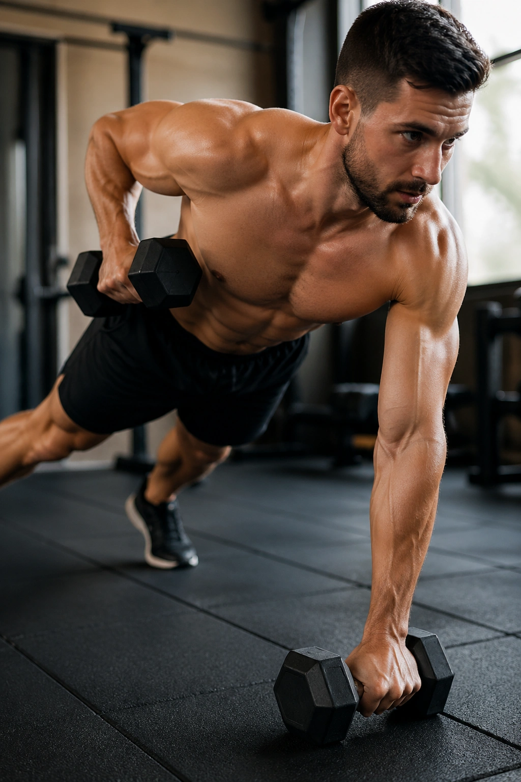 Renegade row in plank stance with dumbbells and square hips, core engaged