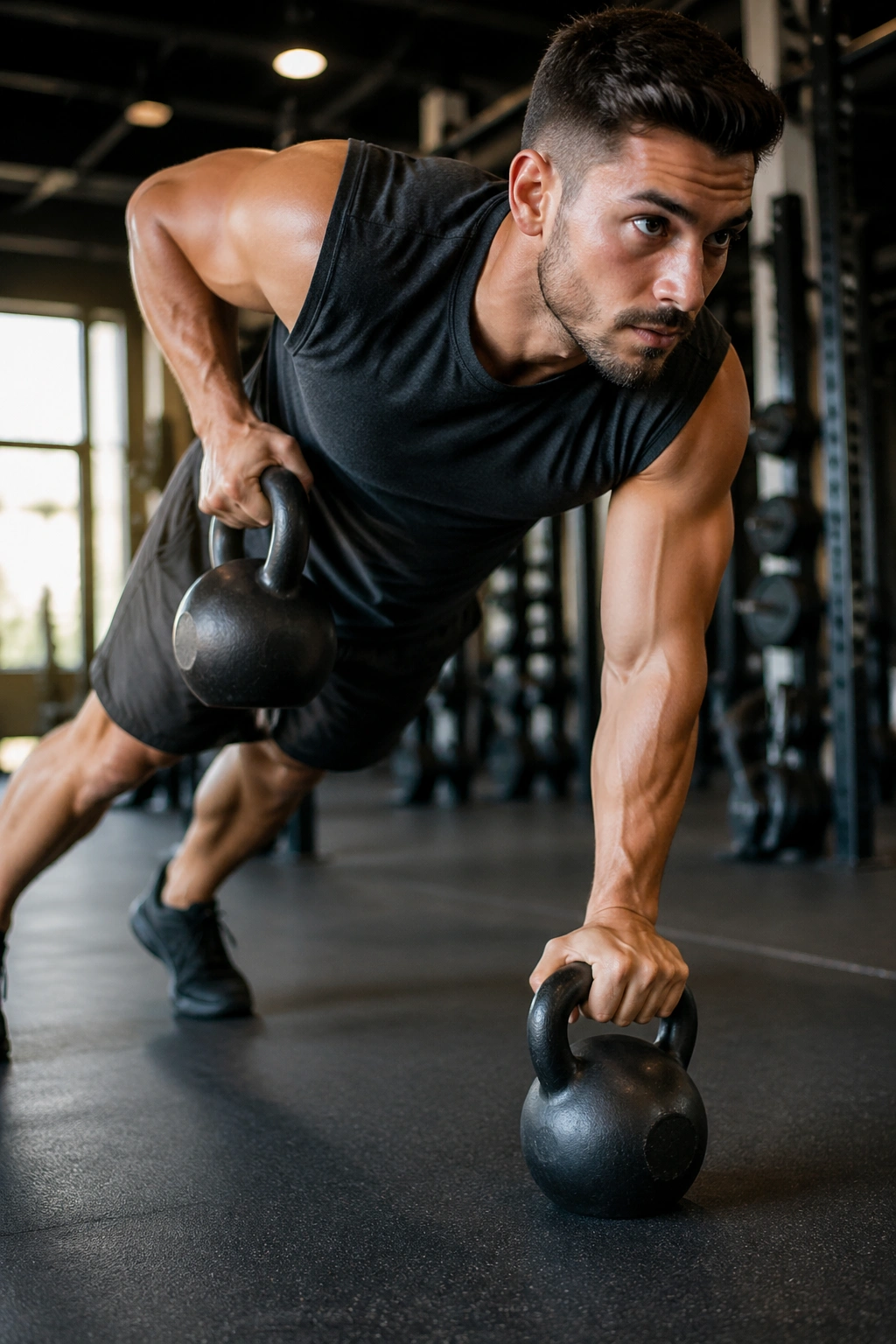 Person in a plank performing renegade row with kettlebells in a gym