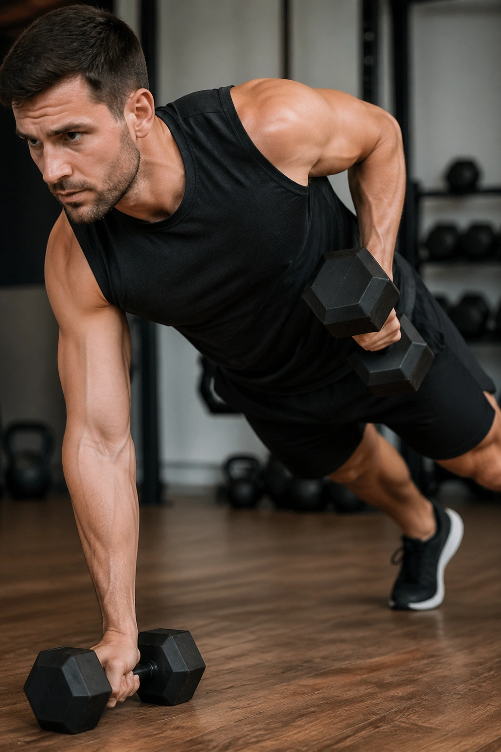 Close-up of renegade row from high plank with dumbbell