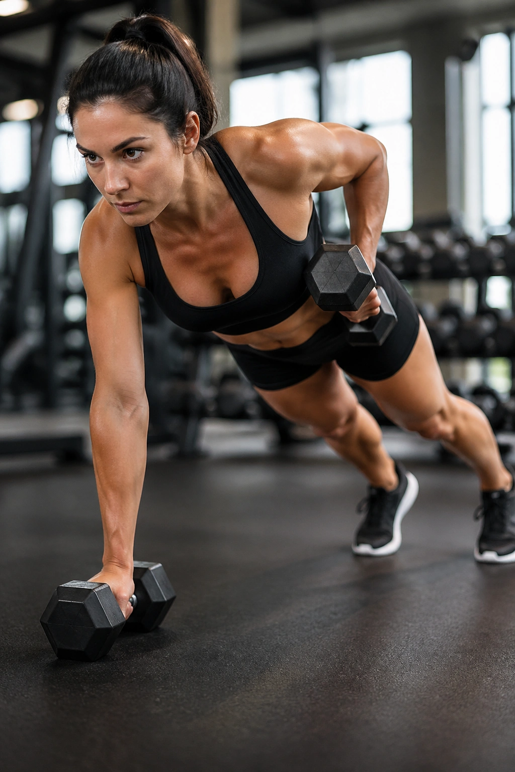 Person in renegade row plank performing a dumbbell row with hips square