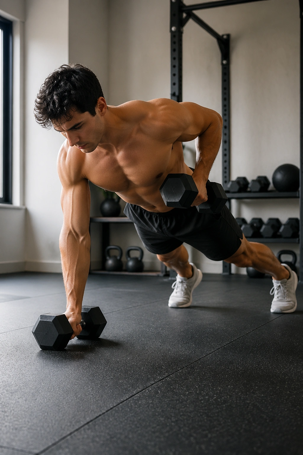 Person in high plank performing renegade rows in a home gym