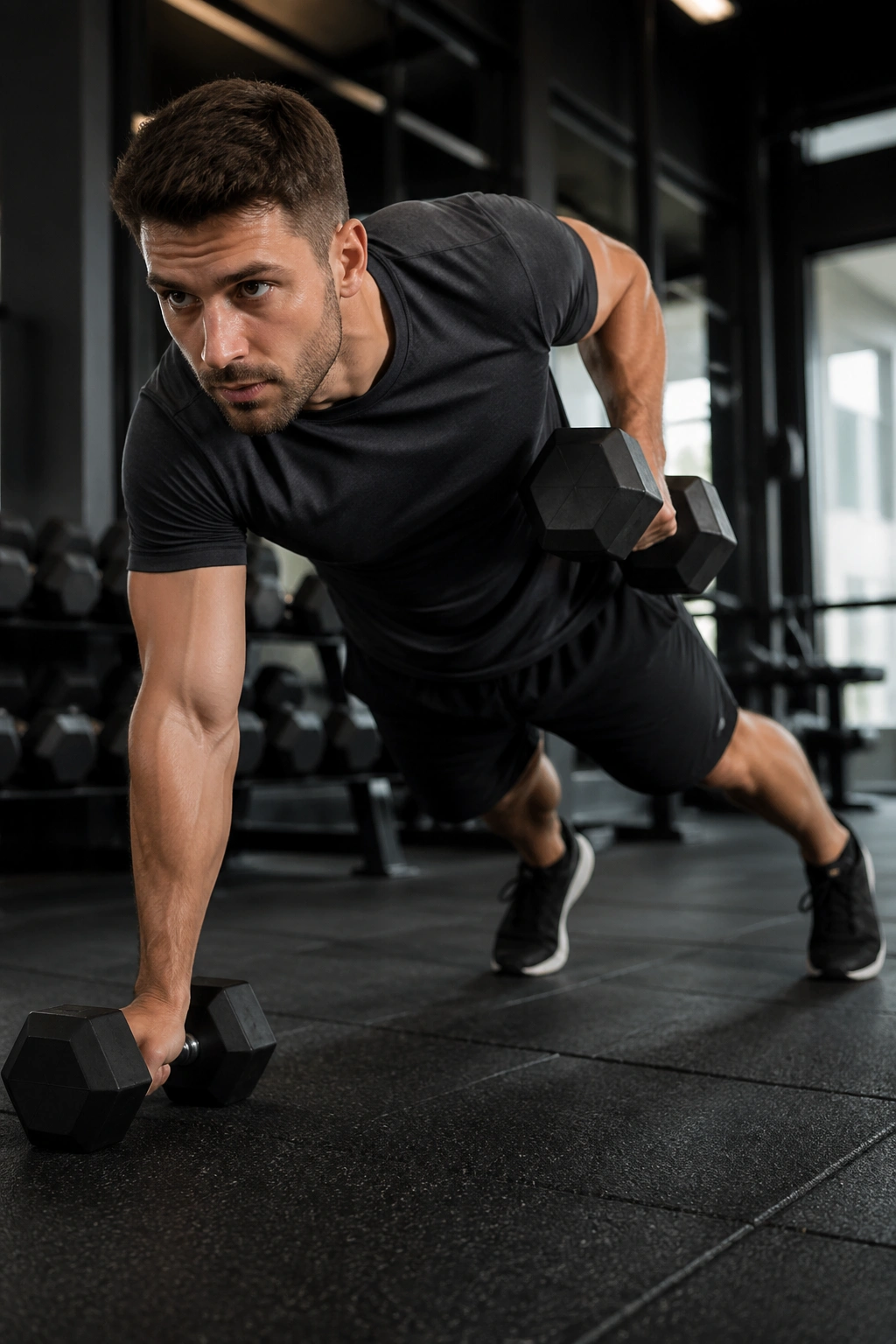 Medium shot of a person in plank position performing renegade rows with dumbbells in a gym setting