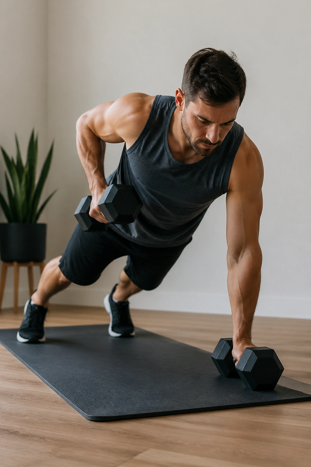 Real person performing renegade rows during a home workout