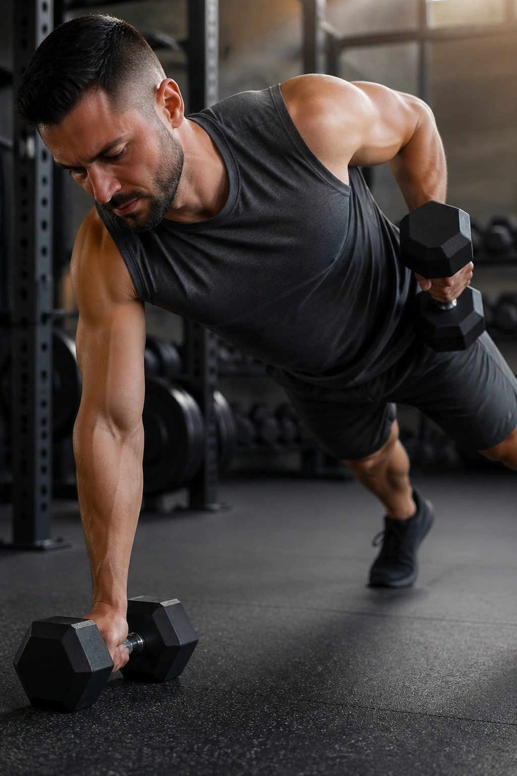 Person in renegade row position performing a dumbbell row from a plank